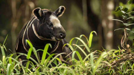 A Malayan tapir calmly nestled in tall green grass.