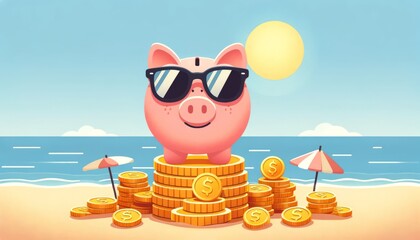 Vector image of a smiling piggy bank on a pile of coins at the beach representing financial planning for holidays