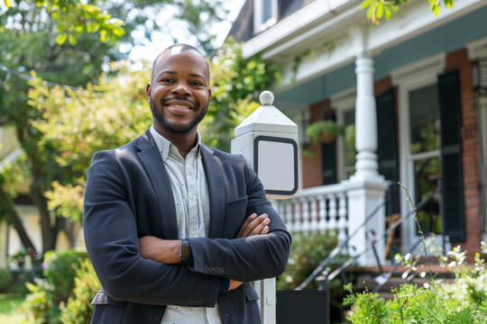 Confident Businessman Smiling in Front of Suburban Home
