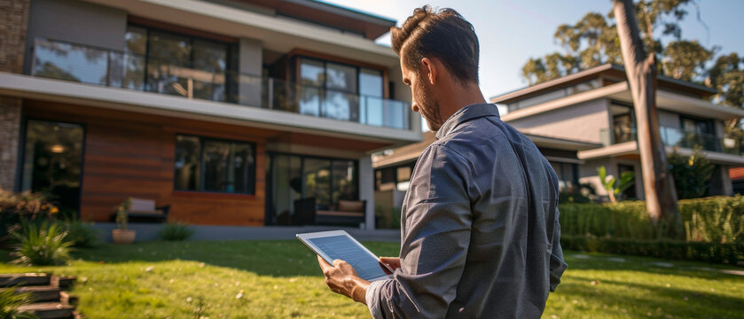 Modern Homeowner Evaluating Smart Home Features on Tablet Outside Contemporary House