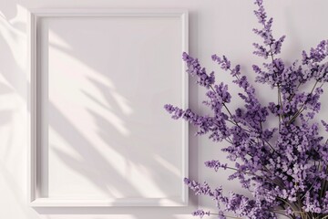 a purple flowers next to a white frame