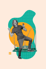 Vertical creative collage picture standing young man showing fist victory sign triumph university student college knowledge day celebrate