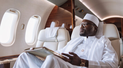 African Businessman in Traditional Attire on Private Jet