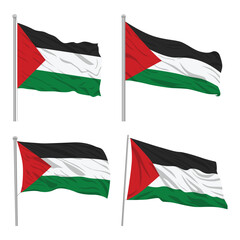 Collection of different Palestine flags flying on poles, vector illustration