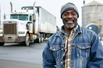 Fototapeta premium Smiling African American Truck Driver in Front of Semi-Truck