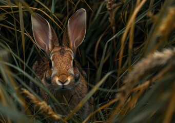 A warm, intimate close-up of a wild rabbit peering through the grass, with a sharp focus on its curious eyes and soft fur