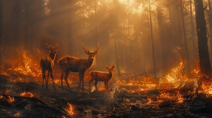 Deer gather before a blazing forest, natural landscape disrupted by fire event