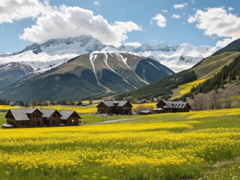 Beautiful spring background photo wallpaper landscape of blooming yellow tulips, with rural houses against the backdrop of snow-capped mountains on a sunny day