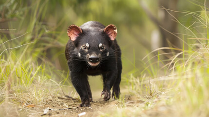 A Tasmanian devil running towards the camera in its natural habitat.