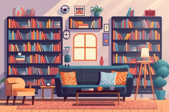 Home library. Office. Shelves with books. Home study.