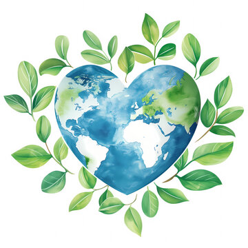 Heart shaped earth surrounded by leaves, world health day wellness and health protection concept, isolated on a white background