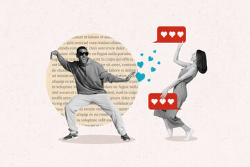 Artwork collage of two black white effect people dancing chilling dialogue bubble like notification...