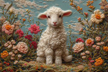 Easter lamb, bright colored embroidery, Generative AI
