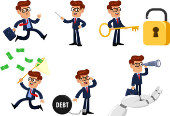 Businessman Cartoon Character. Vector Flat Design Collection Set Isolated On Transparent Background