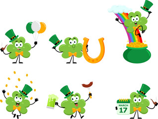 Fototapeta premium St. Patrick's Clover Leaf Cartoon Character. Vector Flat Design Collection Set Isolated On Transparent Background 