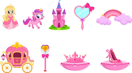 Cute Little Princess Girl Cartoon Characters. Vector Flat Design Collection Set Isolated On Transparent Background