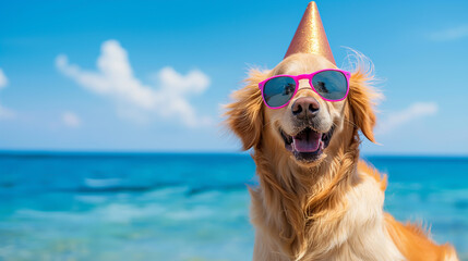 Golden Retriever dog wearing sunglasses and party hat 
 on a blue sea and sky background with copy space