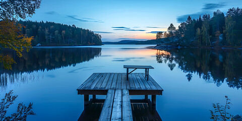 one wooden table bench on a wood pier overlooking a lake at sunset,  - obrazy, fototapety, plakaty