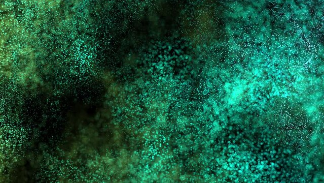 Chaotic movement of green organic particles on black background. Abstract visualization of green energy, photosynthesis or chlorophyll. Synthesis of organic substances using solar energy, 4K animation
