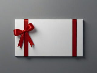 A blank white gift card with a red ribbon bow or an empty gift signboard stands isolated on a grey background