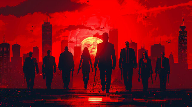 mafia boss man woman tugging battle street city realistic silhouette black grey red group gang team