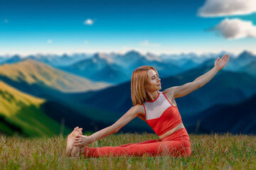 Slim young woman doing stretching yoga pose for zen energy in mountains landscape, Mountain fitness flow: Woman's body workout in perfect harmony with the summer landscape