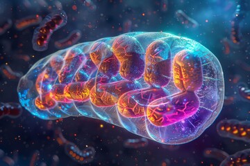 Cross-sectional illustration of a mitochondria,It has an internal structure that folds back and forth,biology, 3D background colorful eukaryote ,plant and animals cell create energy ATP, cell biology 