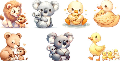 Set of watercolor animals love: lion, koala, duck, mom love kid.