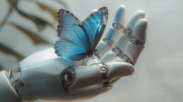 A blue butterfly sits on the robot's palm. Generative AI