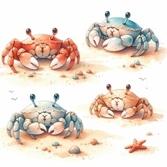 Crabs scuttling on the sand. watercolor illustration, Cute sea inhabitants. Crab Crustacean Marine Animal, Isolated Clipart Illustration. white background. - obrazy, fototapety, plakaty