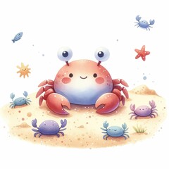 Crabs scuttling on the sand. watercolor illustration, Cute sea inhabitants. Crab Crustacean Marine Animal, Isolated Clipart Illustration. white background.