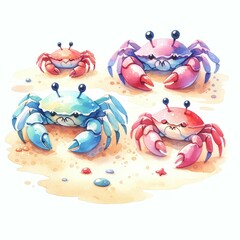 Crabs scuttling on the sand. watercolor illustration, Cute sea inhabitants. Crab Crustacean Marine Animal, Isolated Clipart Illustration. white background. - obrazy, fototapety, plakaty