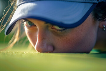 Close up of a British golfers concentrated face lining up a putt iconic golf cap casting shadow over her eyes