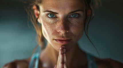 Close up of a model in a yoga pose focus on the intensity in her eyes and the precision of her posture studio background dramatic lighting highlighting flexibility and power