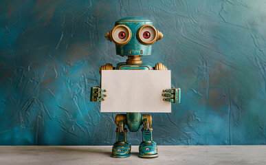 Vintage robot with a blank sign in his hands against a blue wall. Generative AI