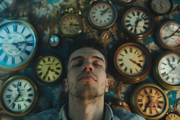 Conceptual portrait of a dreamer surrounded by floating clocks surreal atmosphere suggesting the passage of time
