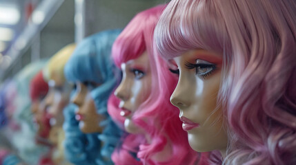 Mannequins with colorful wigs. Generative AI