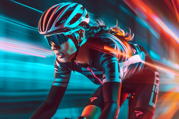 Female cyclist on a racing bike studio shot with dynamic lighting capturing the essence of speed and control sport fashion ensemble thats sleek and provocative - obrazy, fototapety, plakaty