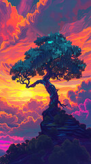 Stylized digital painting of a whimsical tree whose leaves are tiny QR codes set against a vibrant sunset