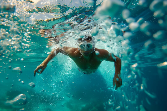 Underwater shot of a Caribbean swimmer in mid stroke bubbles trailing capturing fluid motion and determination