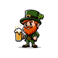 Saint Patrick's cute Leprechaun with beer cute illustration, cute irish gnome vector illustration