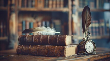 A wooden desk in the ancient office held an antique quill pen, an old book, a clock, and a vintage inkwell. vintage-inspired. conceptual foundation for subjects in literature, education, and history.