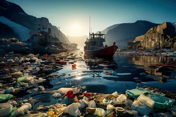Rolgordijnen Ship among glaciers with garbage and plastics in the water © AntonioJose