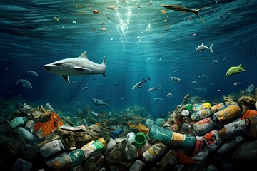Seabed with fish and sharks, with the depth of the sea full of plastics and garbage.