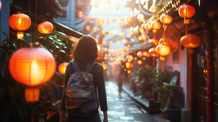 Fototapeta premium A young woman walking through an asian market surrounded by beautiful lanterns