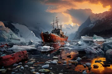 Poster Ship among glaciers with garbage and plastics in the water © AntonioJose