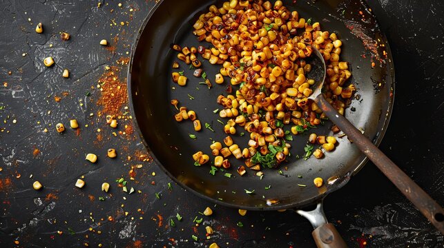 Grilled Corn With A Hot Sauce Seen From Above In A Frying Pan