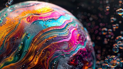 A panoramic perspective of a close-up bubble-textured background on a black background, depicting a multicolored planet with wavy lines on its round surface