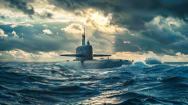 A nuclear submarine navigating at the surface of the sea