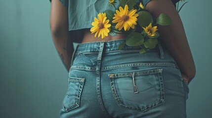Woman partially visible, holding yellow flowers in her back pocket.